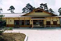 和風の木造建築で、切妻屋根と深い軒を持つ平屋の正面が写され、中央には引き戸の玄関があり、周囲には植栽スペースと舗装されたアプローチが広がり、背景には背の高い松の木が立ち並ぶ写真