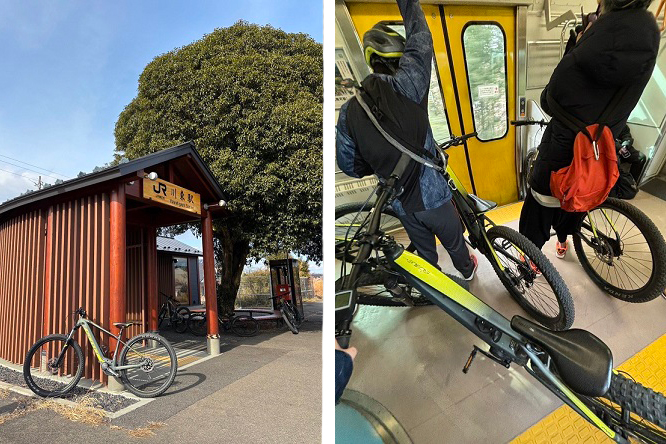 左：木造の川東駅舎前にに停められたスポーツタイプの自転車、右：自転車を抱えたまま黄色いドアの電車内に乗り込み、目的地へ向かうサイクルトレイン内の写真