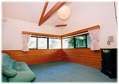 木目調の腰壁が付いた白い壁の部屋で、部屋の角にL字型の窓が配置され、青いカーペットにテレビ、ソファが置かれたリビングの写真