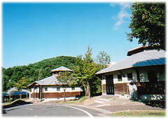 緑の山を背景に、木と白壁の対比が美しい八角形の屋根を持つコテージが複数並んでいるコテージ村の写真