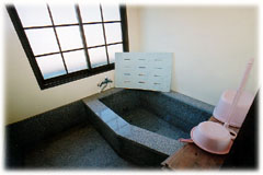 すりガラスが入った大きな窓があり、グレーの石造りの浴槽が壁際に配置された浴室の写真