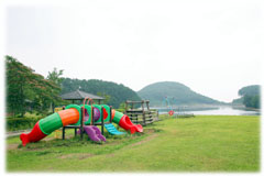 遠くに山と湖が見える芝生の広場にカラフルな複合遊具が設置されている写真