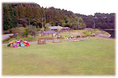 広い芝生広場の奥に、カラフルな遊具や屋根付きのバーベキュー場が設けられている写真