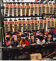 「諏訪町」と記された数多くの提灯が棚に整然と吊るされ、その下で伝統的な祭りの衣装に身を包んだ幼い子供たちが、興味深そうに身を乗り出して祭りの様子を眺めている写真