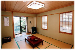 和室の中央に座卓が置かれ、障子窓やベランダに続く掃き出し窓から光が差し込む明るい室内の写真