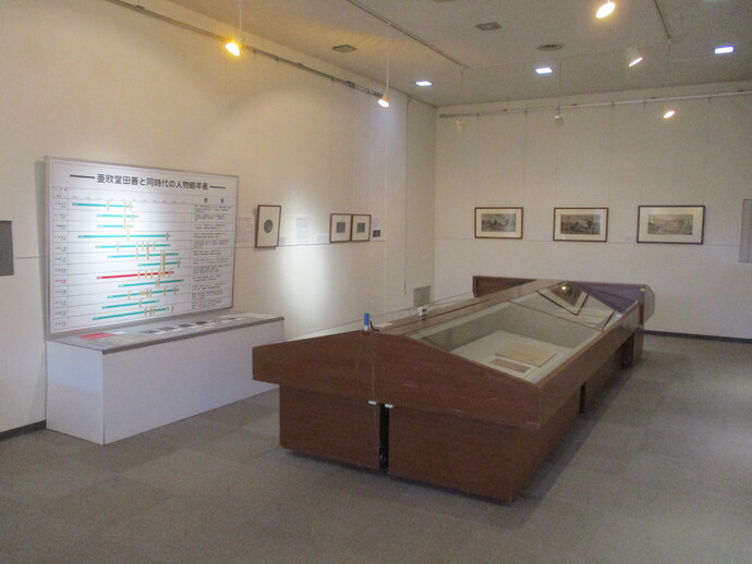 静かな博物館の展示室で、壁面には「亜欧堂田善と同時代の人物略年表」と題された大きなパネルや額装された絵画が並び、中央には資料を収めた重厚な木製の横長展示ケースが置かれた、歴史資料をじっくりと鑑賞できる展示風景の写真