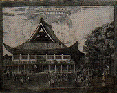 大きな建物の周りに大勢の人がいる様子を精巧に表現した田善作品の銅版画