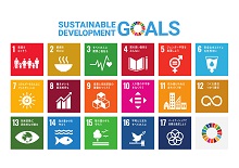 「SUSTAINABLE DEVELOPMENT GOALS」というロゴの下に、1から17までの持続可能な開発目標を示すカラフルなアイコンが並び、各目標の番号と象徴的な図記号が描かれた画像
