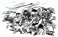 首藤保之助が数人に囲まれ岩場に座っているイラスト