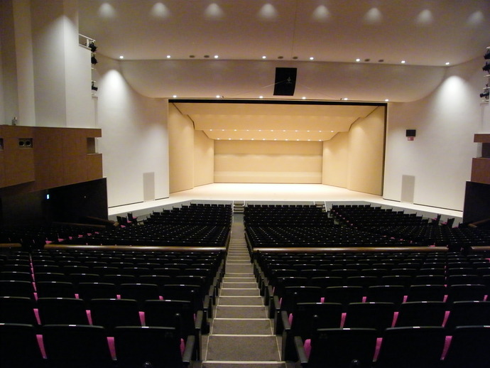 緩やかな傾斜がついた広い会場に黒色とピンク色の配色の座席が整然と並び、中央の通路の先に明るい照明に照らされた広々としたステージが設置された、大規模なコンサートや講演会が行われるホールの客席後方からの風景を捉えた写真