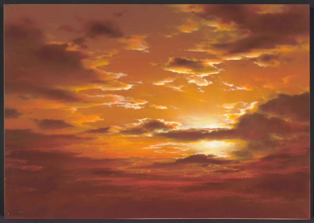 燃えるようなオレンジ色の夕焼け空が画面いっぱいに描かれており、雲の隙間から差し込む黄金色の光と暗く垂れ込める雲のコントラストが印象的な背景画の写真