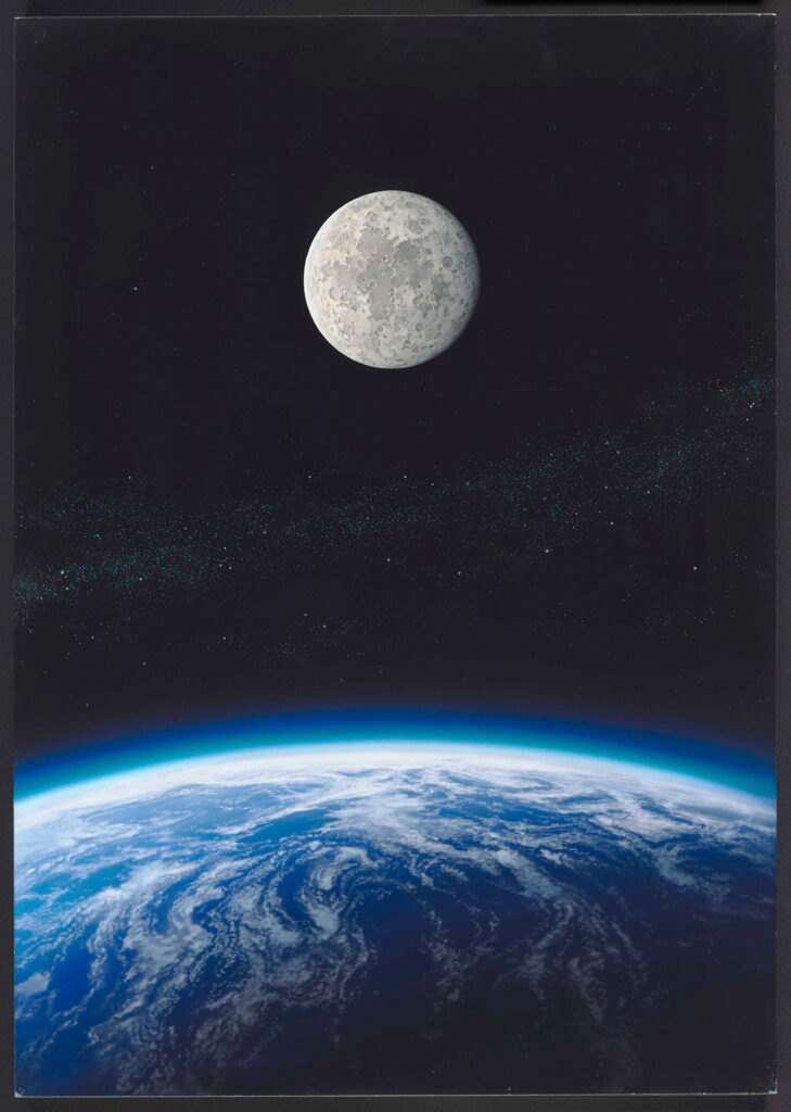 暗い宇宙空間を背景に、上部にはクレーターが詳細に見える満月が浮かび、下部には青い海と白い雲に覆われた地球の曲線的な地平線が鮮やかに描かれた背景画の写真