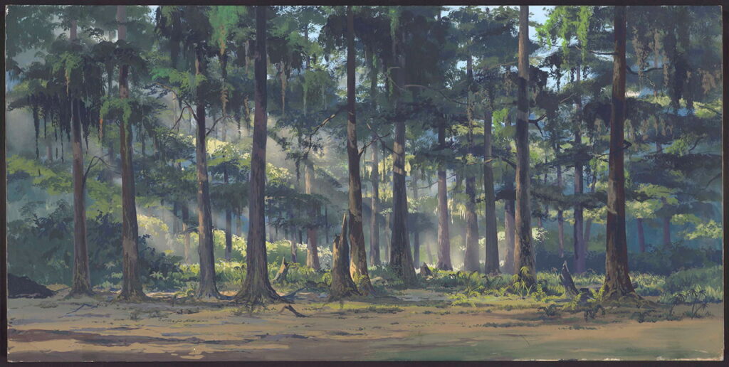 高くそびえ立つ無数の木々が密集する静かな森の中に、奥から柔らかな木漏れ日が筋となって差し込んでいる神秘的で奥行きのある森の背景画の写真