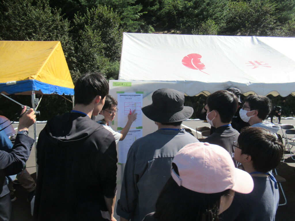 屋外のテント前で参加者たちが掲示された紙の予定表を囲み指示を確認している様子を捉えた写真