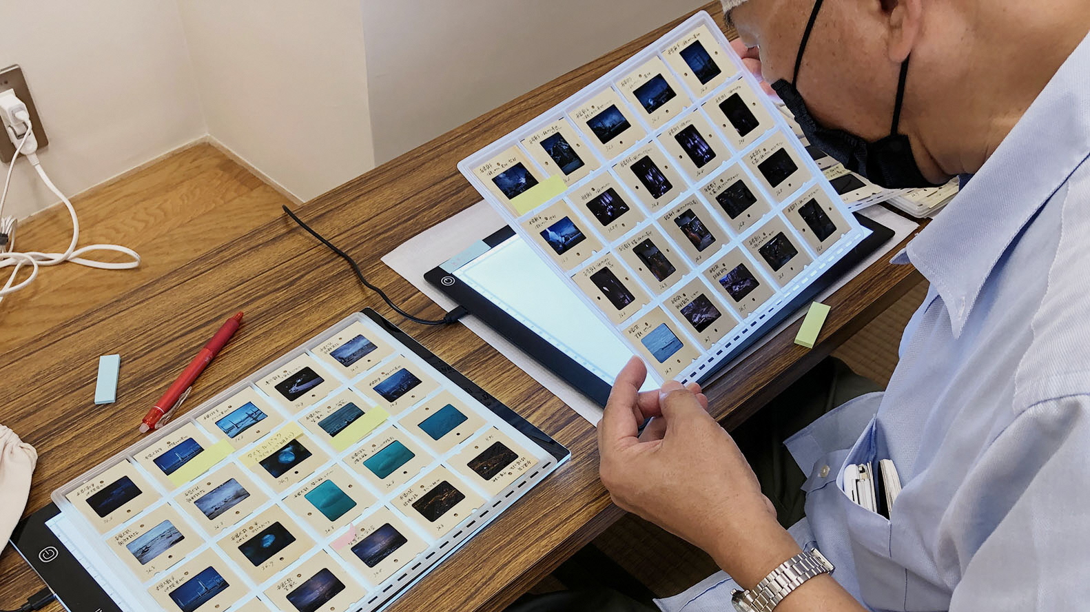 ポジフィルム資料を調査する様子の写真