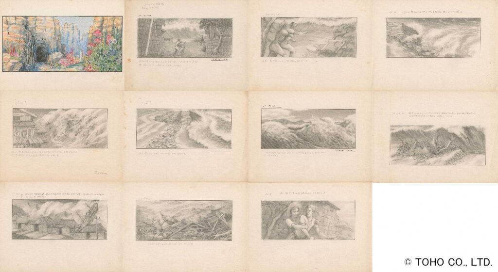 荒れ狂う波や破壊される建物、逃げ惑う人々などの緊迫した大津波のシーンが鉛筆のような繊細なタッチで描かれた絵コンテが複数枚並んでおり、左上の一枚だけが色彩豊かに着色されている古いスケッチを写した写真