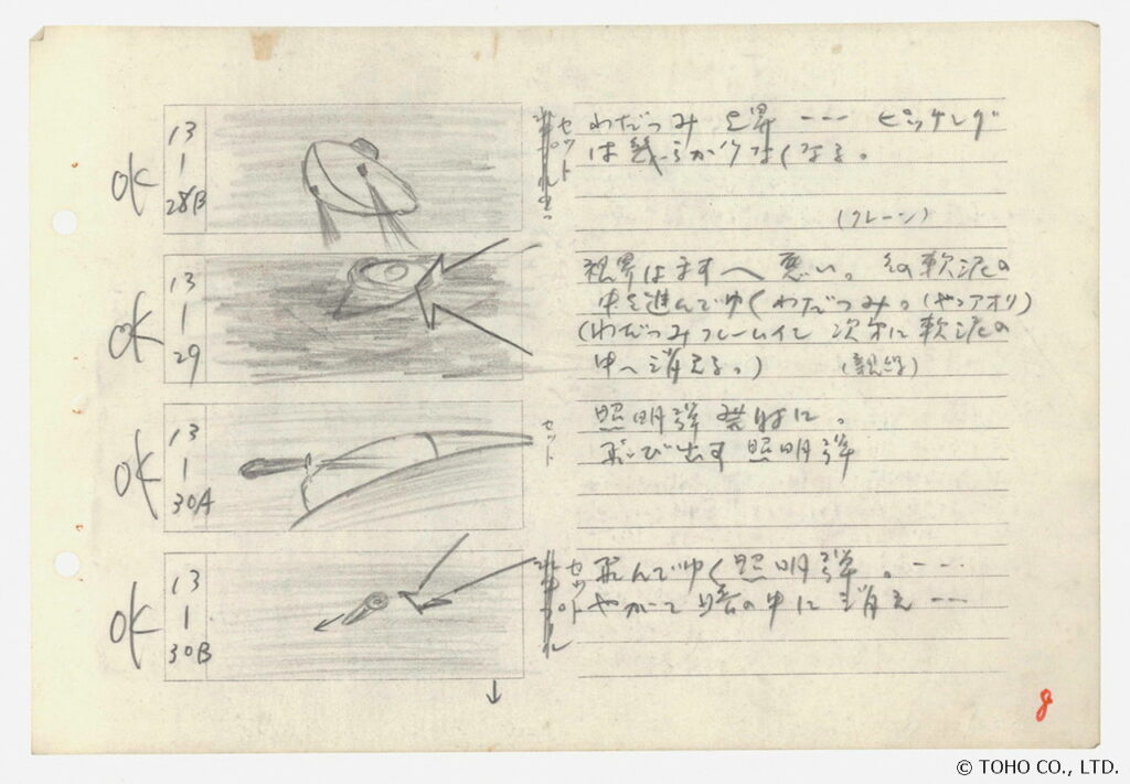 映画のカット割りや演出指示が手書きされた絵コンテの資料であり、左側には潜水艇のような機体を描いたスケッチと「OK」の文字、右側にはト書きやカメラワークの詳細が鉛筆で丁寧に記された、制作過程を伝える写真