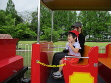 屋外の遊園地で、赤い車両の豆汽車に親子二人が並んで座り、座席には黄色の装飾と安全チェーンがあり楽しんでいる写真