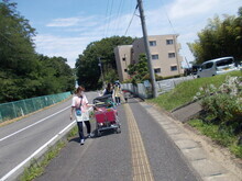 道路脇の歩道の上を、エプロンを着用した関係者の女性が、赤い大きな乳母車のようなものを押しながら歩いている避難訓練の様子の写真