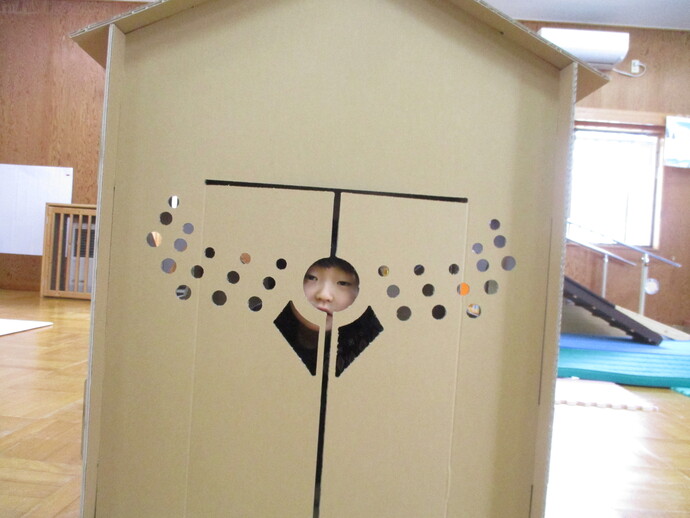 ダンボールハウス前面に左右対称に小さな丸穴が並び中央に扉の切れ込みがある、ダンボールハウスの中から子どもの顔が見える写真