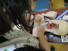 机の上に置かれた人体模型の上半身部分で、口腔から気管までの構造が見える状態で、人物が器具を使って気道確保の処置を練習している写真