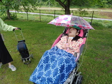 ピンク色のクッション付き車椅子に座った人物が青い柄のブランケットを掛け、花柄の透明な傘を差している屋外の写真