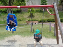 二つのブランコに、青い背もたれ付きシートに座る子どもと、緑色の帽子をかぶった子どもが座って遊んでいる写真