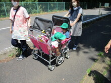 緑の木々に囲まれた道路脇の歩道で、幼い子どもが乗った大型のベビーカーを職員2人が押している様子の写真