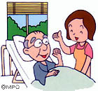 ベッドに横たわり笑みを浮かべる眼鏡をかけた高齢男性と、その傍らでエプロン姿の女性が見守っている介護をしている様子のイラスト