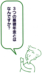「3つの基礎年金とは何ですか？」と男性が尋ねているイラスト