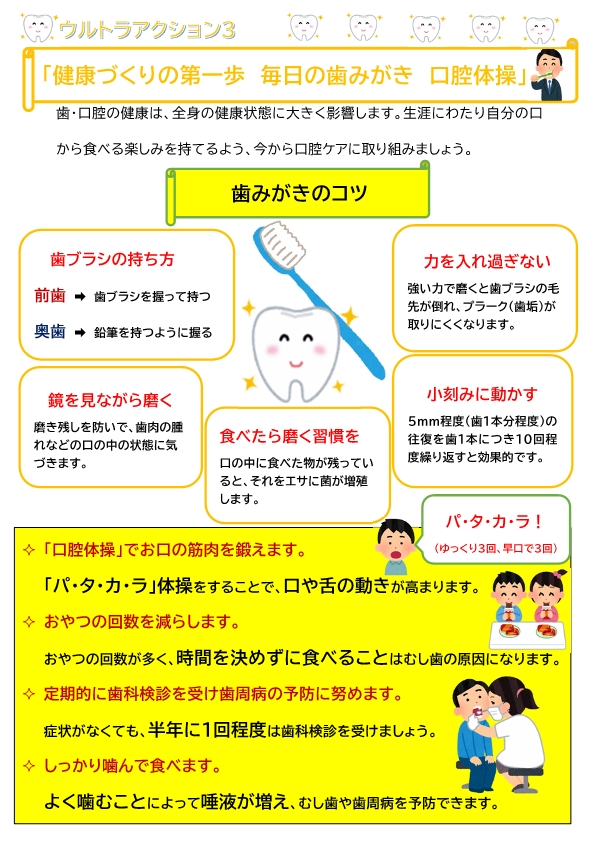 ウルトラアクション3「健康づくりの第一歩 毎日の歯みがき 口腔体操」啓発チラシ