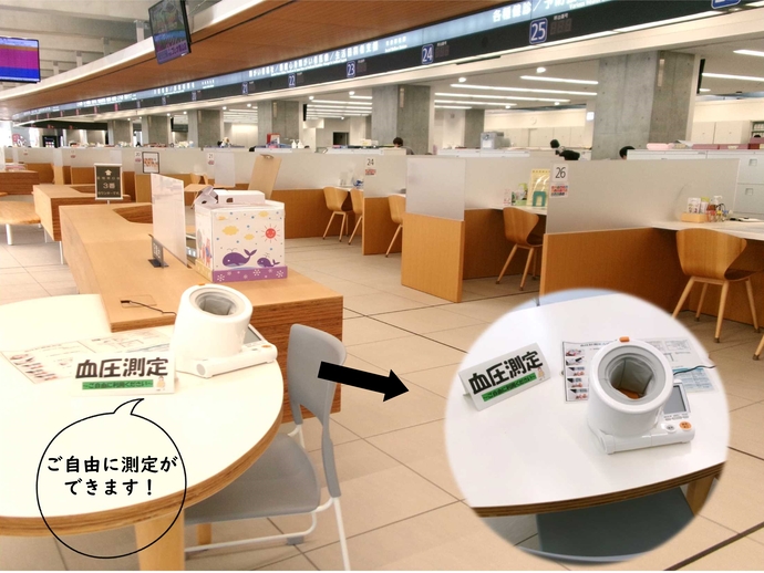 窓口が並ぶフロアで、手前の丸テーブルに「血圧測定」と書かれた看板と全自動血圧計が置かれている様子の写真に、吹き出しで「ご自由に測定ができます！」と添えられ、黒矢印で示した先に、丸く切り抜いた全自動血圧計の拡大写真が掲載されている画像