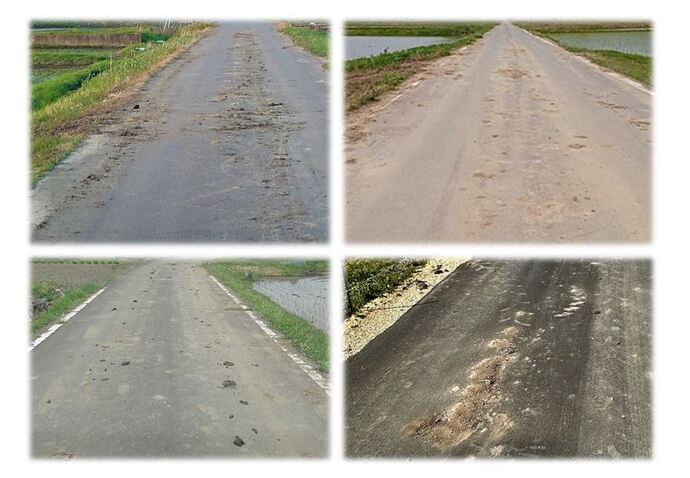 田畑の間を通る道路に泥汚れが広がっている様子の4枚の写真