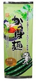 緑色の縦長包装にきゅうりの写真と河童のイラストが添えられ商品名「かっぱ麺」が大きく配置された食品パッケージの写真