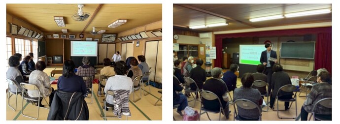 左：和室の一室に集まった地域住民が、スクリーンに投影された資料を見ている写真、右：地域住民の方に向けて職員が説明を行っている写真