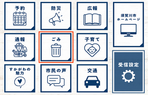 市公式LINE画面で、11個のアイコンが並ぶ中、中央の「ごみ」が赤い四角で囲まれている画像