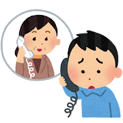 心配そうな男性が受話器を握って通話し、その相手である女性の姿が吹き出し内に示されているイラスト