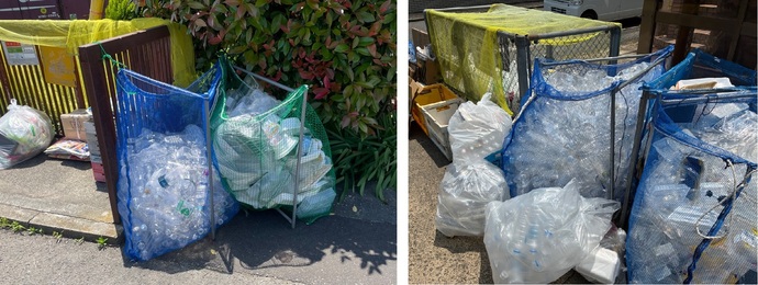 左：野外の集積所に設置された青色や緑色のメッシュ袋に、洗浄された透明なペットボトルや白い食品トレイが分別して入れられている写真、右：青色のメッシュ袋に透明のペットボトルやプラスチックがまとめられている写真
