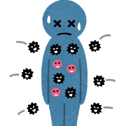 目がバツ印になり冷や汗をかいた青色の人物の体に、黒色のトゲがあるウイルスや赤色の顔をしたウイルスが複数付着し、周囲にもウイルスが漂っている様子を描いた、感染症や病原体による健康被害を表現したイラスト