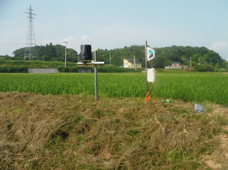 青々と茂る水田のあぜ道に、黒いバケツのような形状をした観測機器やソーラーパネル付きの通信設備が支柱で固定されている写真