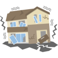 大きな地震の揺れによって地面に亀裂が走り、建物の外壁にひびが入り、窓ガラスやドアが外れかかって屋根の一部も損壊している、激しく揺れ動く二階建て住宅の危機的な状況を簡略化して描いたイラスト