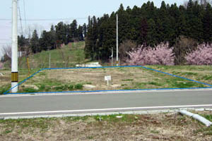 周囲に木々や丘陵地が広がる場所で、舗装された道路に接した、土と草に覆われた広い区画が、青い線で四角形に囲まれている区画 No.46の写真
