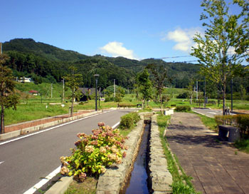 緑に染まった山を背景に、青い空と明るい日差しの下で、道路と並行して続く散策路や植え込みが整備された夏のガーデンタウン虹の台の写真