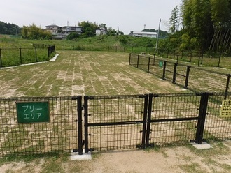 「フリーエリア」と書かれた看板が設置された黒い金属製のフェンスで囲まれた芝生のドッグランの写真