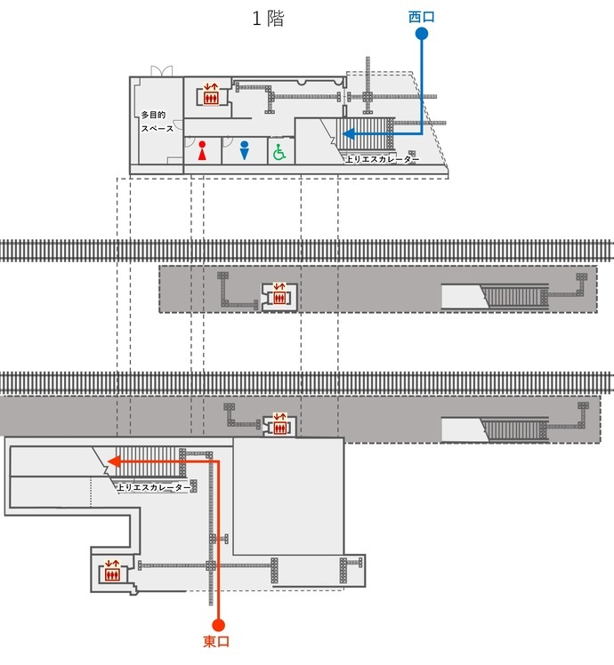 須賀川駅東西自由連絡通路の1階平面図