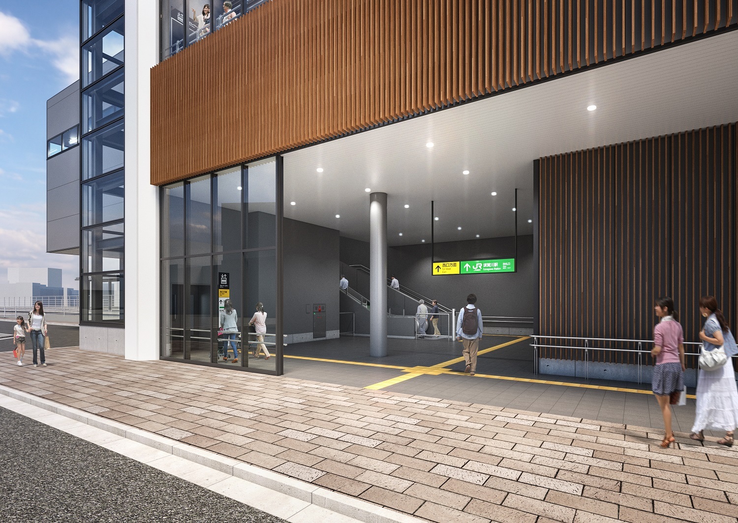 歩道に面した、木製ルーバーがアクセントの駅舎の開放的なエントランスにエレベーターと2基のエスカレーターがある様子の東口エントランス内観イメージ図