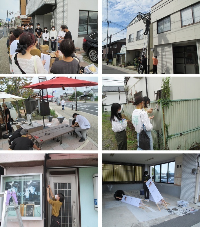 左上の写真: 建物前の駐車場で、マスクを着用した参加者たちが段ボール箱の前に集まり、説明を聞いている屋外ミーティングの写真 右上の写真: 青空の下、白い外壁の建物前で電柱に梯子を立てかけ、作業員が高所作業を行っている電気工事の写真 左中の写真: 赤いパラソルの下、屋外のテーブルで白い服装の参加者が作業をしている屋外ワークショップの写真 右中の写真: 緑のフェンス沿いに立つ2人の女性が、壁面の植栽を観察している写真 左下の写真: 薄緑色の壁の店舗入口で、女性がドア上部に装飾を取り付けている店舗準備作業の写真 右下の写真: コンクリート床のガレージ内で、2人の参加者が白い展示パネルや資料を床に広げて作業している写真