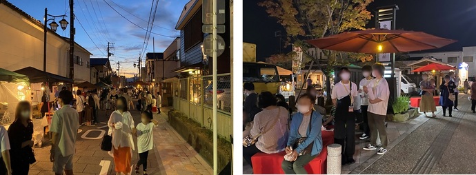 左側は夕暮れ時の住宅街の通りを多数の人々が歩き街灯が点灯している様子、右側は夜の屋外イベント会場で赤いパラソルの下に人々が集まり飲食を楽しむ様子を並べた2枚組の写真