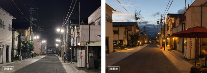 左側は夜の住宅街の通りで街灯が灯り、右側は夕暮れ時の同じ通りで空に雲が見え、両方とも電柱と建物が並ぶ静かな街並みを撮影した2枚組の定点観測写真