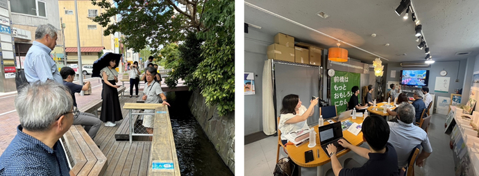 左：屋外のウッドデッキに座りながら水路沿いの街並みを視察する人々の様子の写真、右：室内のワークスペースでモニターを囲み「前橋はもっとおもしろくなる」という掲示の前で活発に意見を交わすミーティング風景の写真